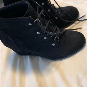 Black, suede-like, wedge booties, size 10
